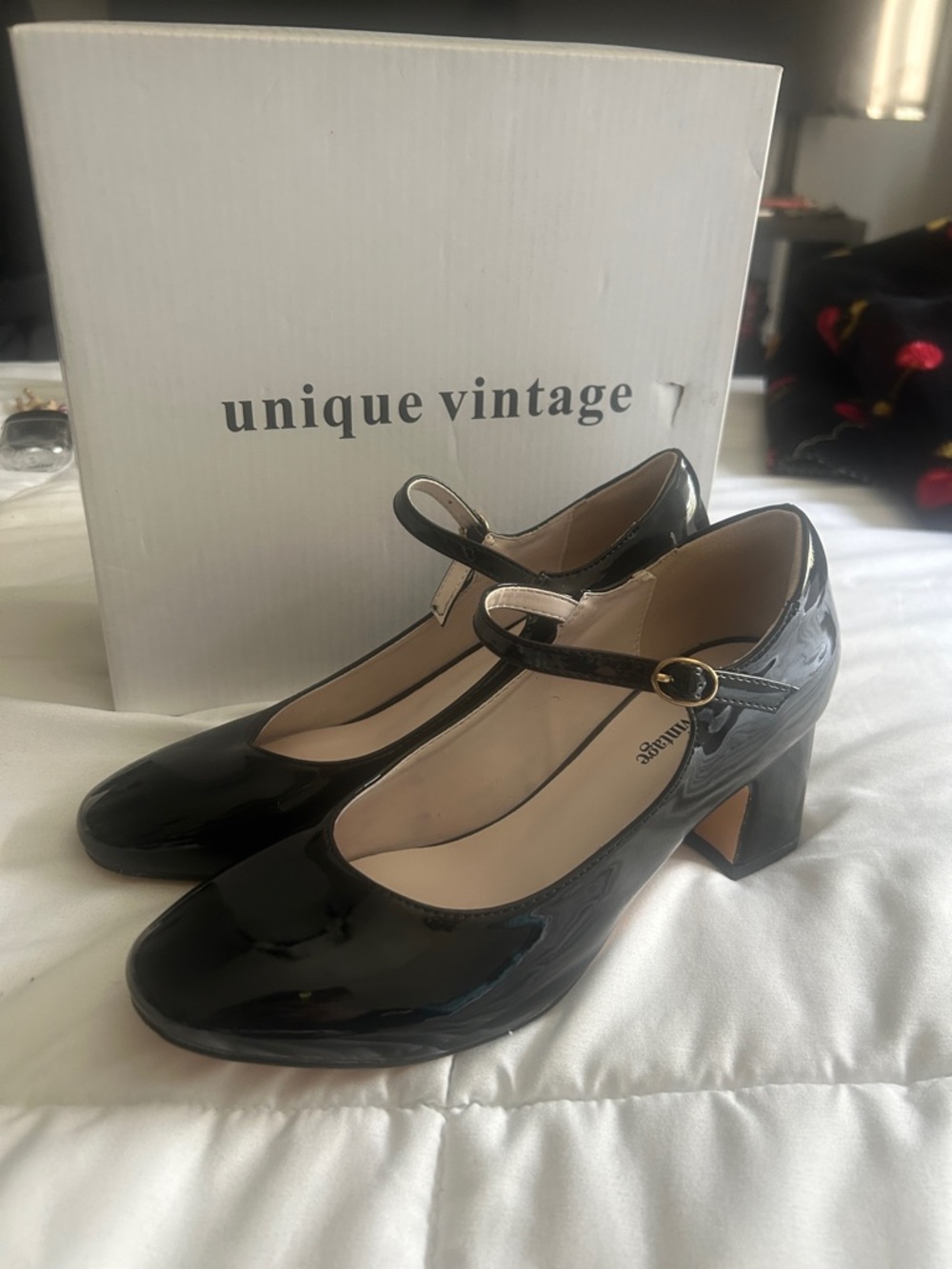 Unique Vintage Black Patent Mary Jane Flats with Ankle Strap